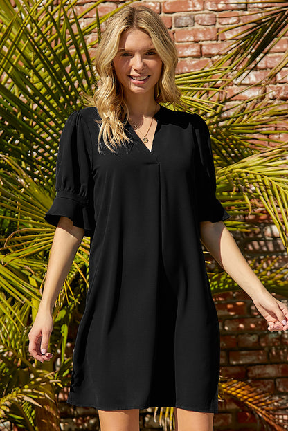 Navy Blue Split V Neck Short Sleeve Tunic Dress