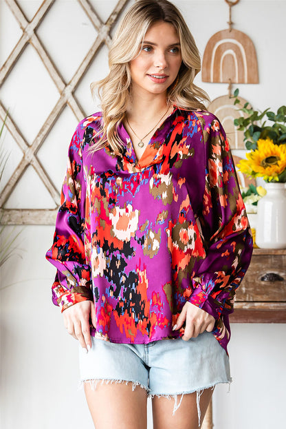 Green Graffiti Colorblock Casual V Neck Puff Sleeve Blouse