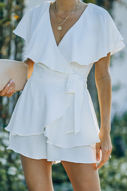 White Elegant Flounce Open Back Lace Up Wrap V Neck Romper