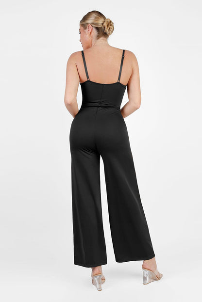 Black Lace Splicing V Neck Bodice Wide Leg Jumpsuit