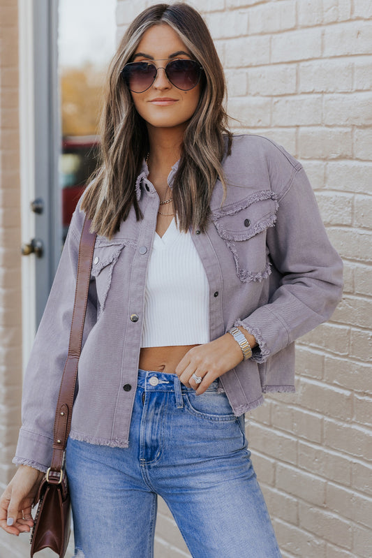 Green Distressed Flap Pockets Frayed Hem Denim Jacket