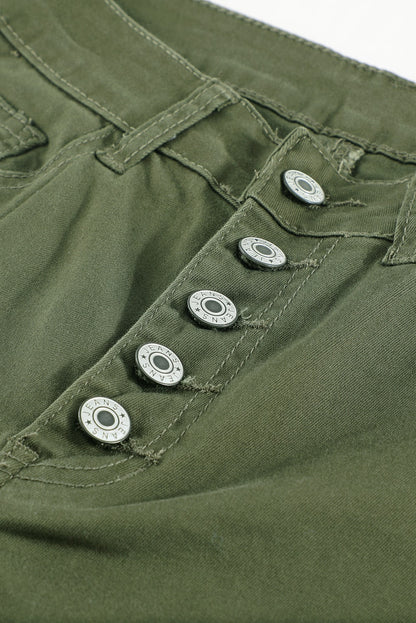 White Plain Buttons Frayed Raw Hem High Waist Denim Jeans