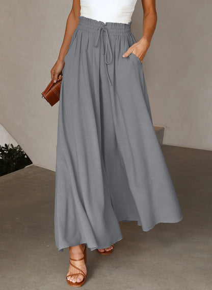 Beige Drawstring Smocked High Waist Wide Leg Pants