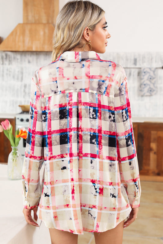 Red Gradient Plaid Long Sleeve Button Down Shirt Dress