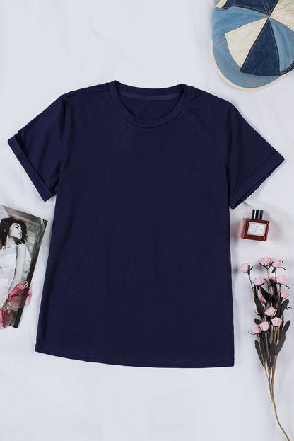 Green Plain Solid Color Crew Neck Tee