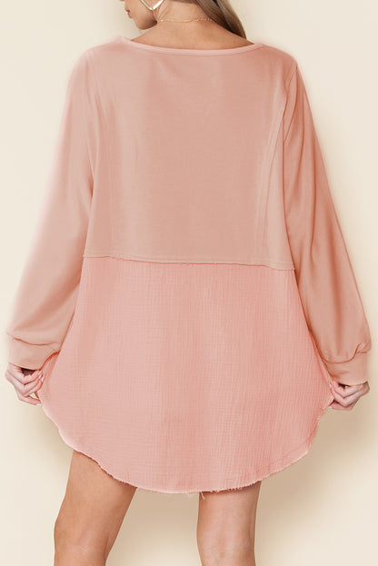 Khaki Crinkled Patchwork Raw Hem Oversized Blouse