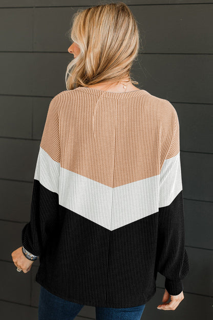Navy Blue Color Block Corded Tunic Long Sleeve Top