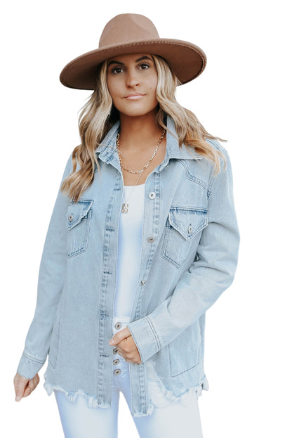 Light Blue Flap Pocket Buttoned Raw Hem Denim Shacket
