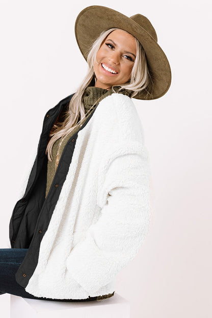 Black Snap Button Furry Reversible Quilted Coat