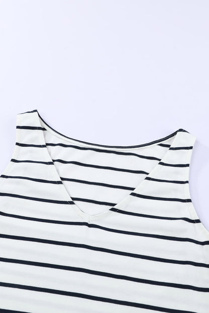 Dark Blue Striped V Neck Sleeveless Side Slits Maxi Dress