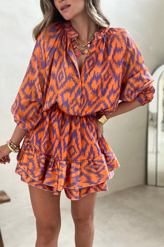 Orange Geometric Bubble Sleeve High Waist Romper