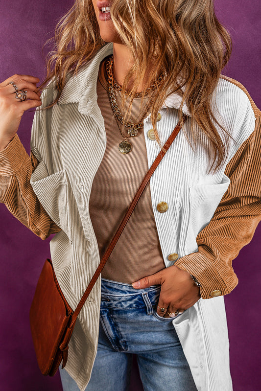 Multicolor Patchwork Chest Pocket Loose Corduroy Shacket