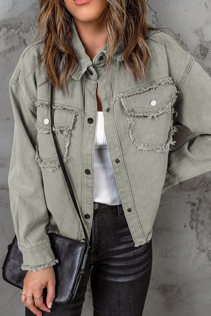 Green Distressed Flap Pockets Frayed Hem Denim Jacket