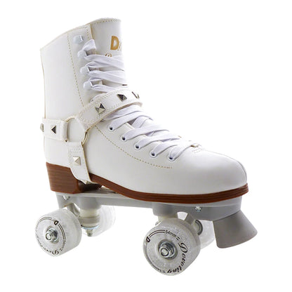 White Boots with Spiked Strap Style Quad Roller Skates