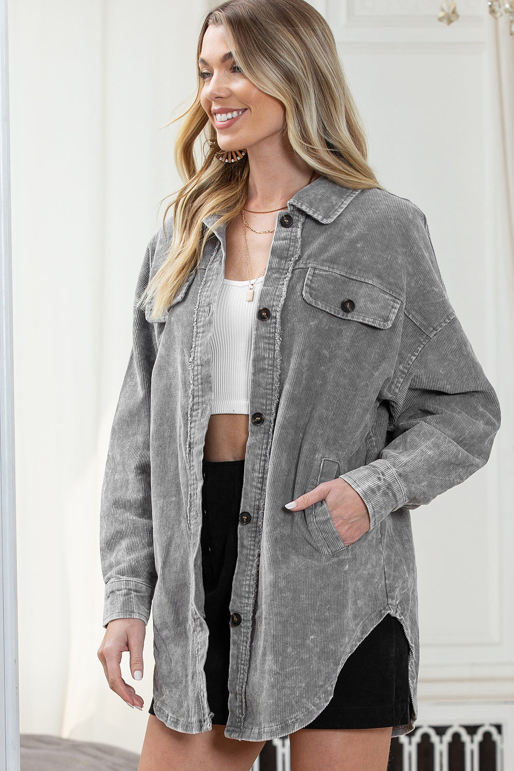 Khaki Vintage Distressed Mineral Wash Oversized Shacket