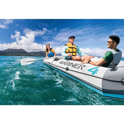 4-Person Inflatable Boat Set with Aluminum Oars and High Output Air Pump for Fishing and Boating in Rivers and Lakes
