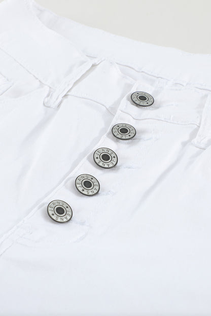 White Plain Buttons Frayed Raw Hem High Waist Denim Jeans