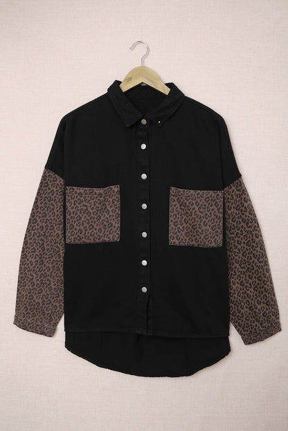 Black Contrast Leopard Denim Shacket