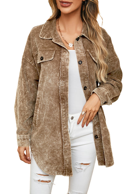 Khaki Vintage Distressed Mineral Wash Oversized Shacket