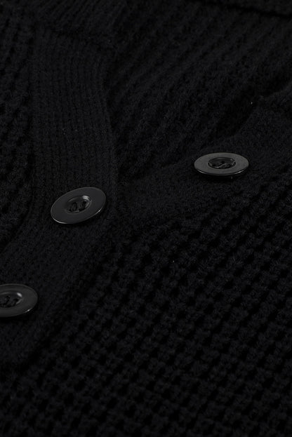 Grey Button Notched Neck Drop Shoulder Waffle Knit Sweater Dress