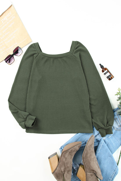 Pink Waffle Texture Casual Square Neck Pullover Top
