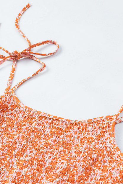 Orange Boho Floral Print Shirred Thin Straps Romper