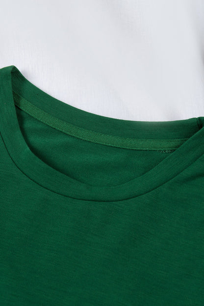 Green Plain Solid Color Crew Neck Tee