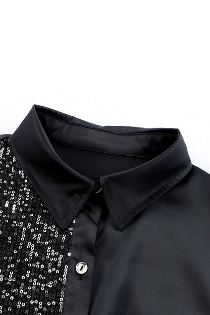 Khaki Sequin Splicing Pocket Button Shirt Dress