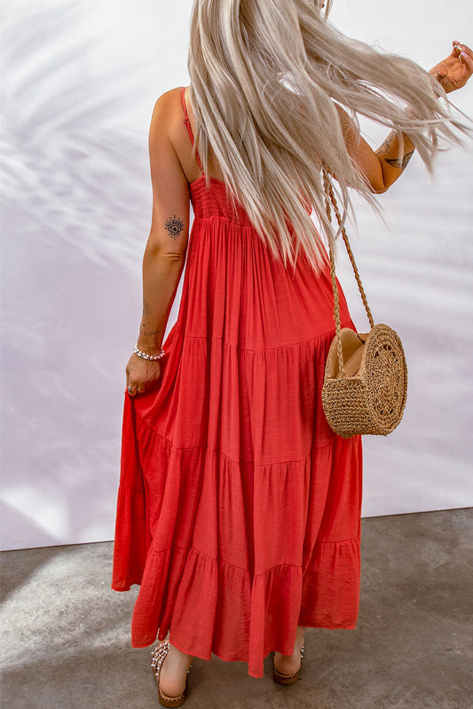 Red O-ring Smocked Back Spaghetti Straps Tiered Boho Dress