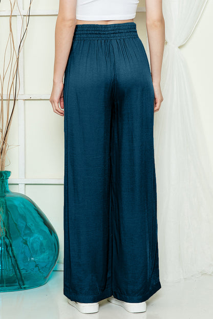 Black Casual Drawstring Shirred Elastic Waist Wide Leg Pants