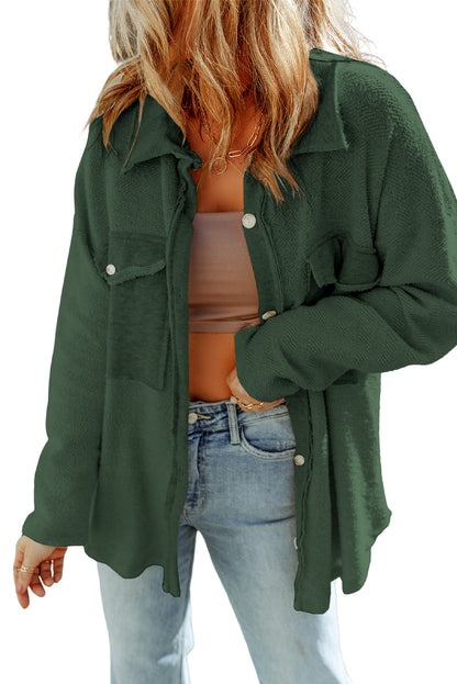 Black Plain Textured Button Up Shirt Shacket with Flap Pockets