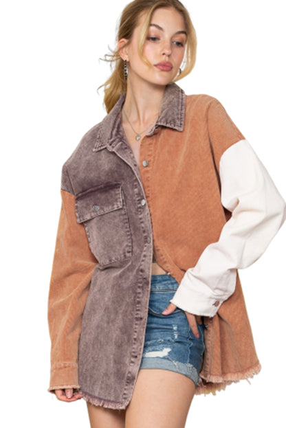 Khaki Color Block Raw Hem Button Up Corduroy Shacket