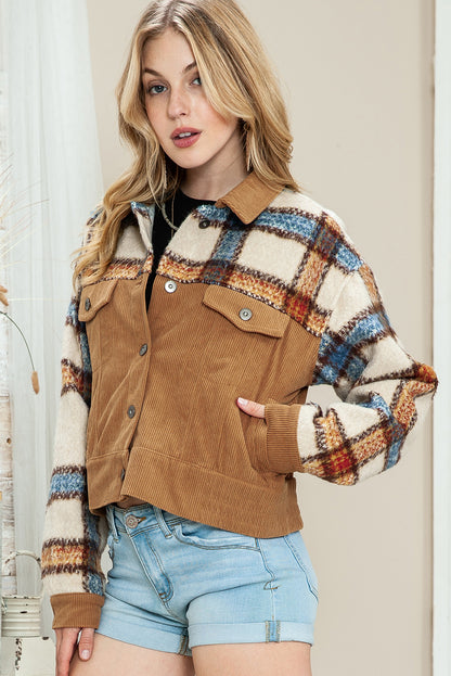 Khaki Plaid Corduroy Flap Pockets Boxy Chunky Jacket