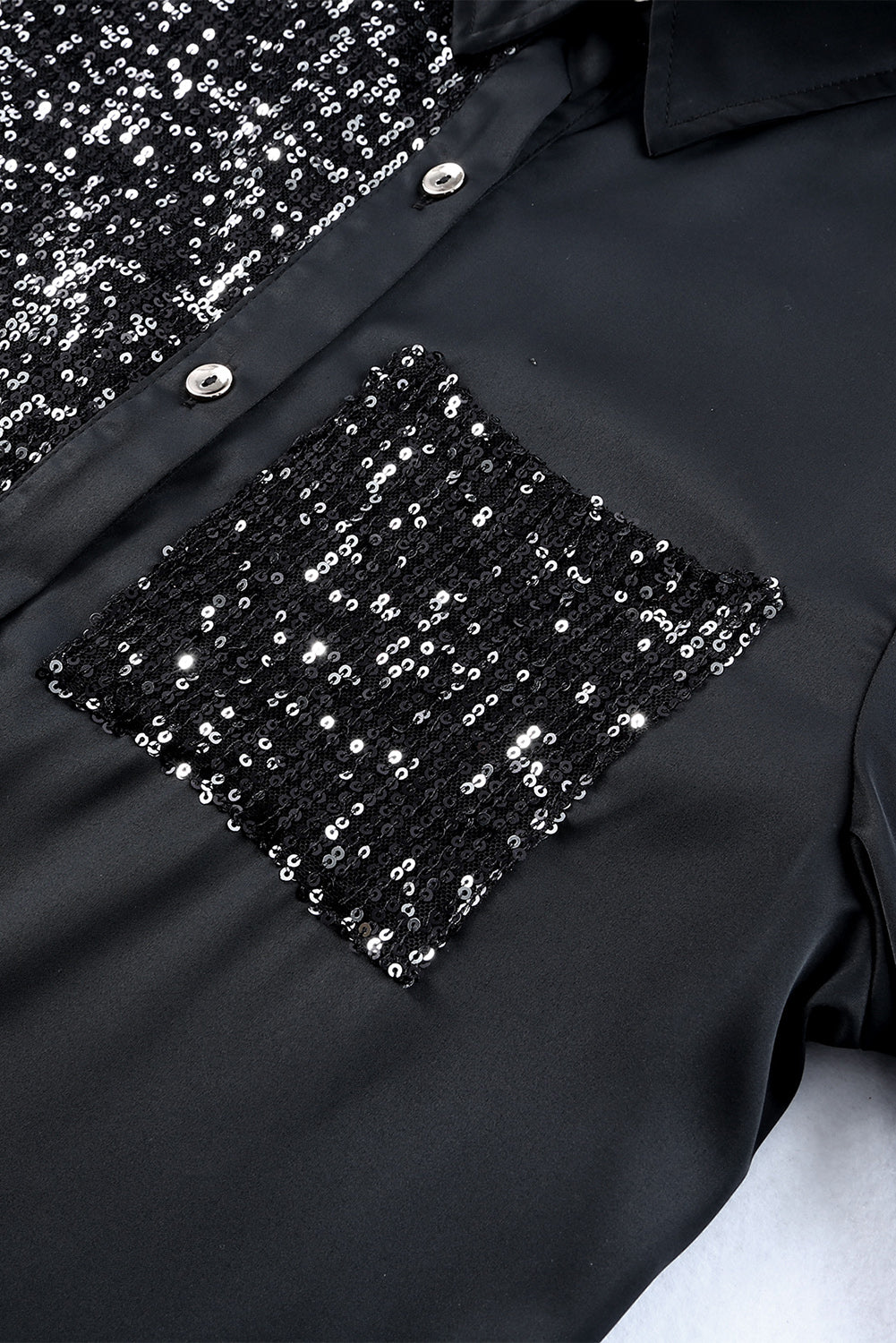Khaki Sequin Splicing Pocket Button Shirt Dress