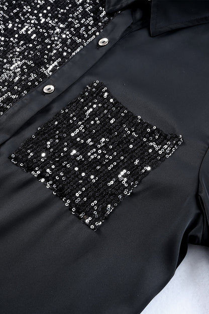 Khaki Sequin Splicing Pocket Button Shirt Dress