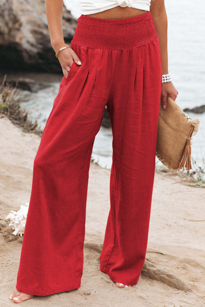 Brown Smocked Wide Waistband High Waist Wide Leg Pants