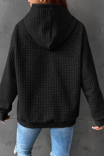 Khaki Lattice Textured Kangaroo Pocket Drawstring Hoodie