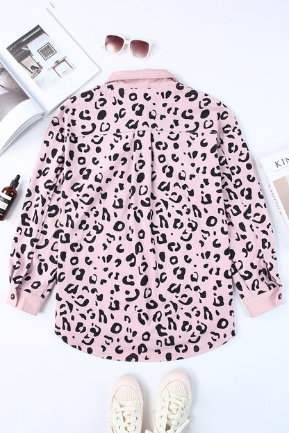 Apricot Leopard Collared Neckline Flap Pockets Corduroy Shacket