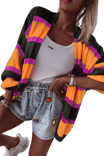 Black Stripe Print Ribbed Knit Sweater Cardigan