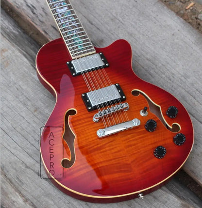 12 String Cherry Sunburst Electric Guitar, Semi Hollow Body, Abalone Flower Inlay, Flame Maple Top