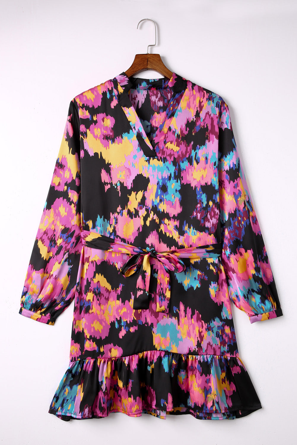 Abstract Print Waist Belted Flounce Hem Split V Neck Long Sleeve Dress