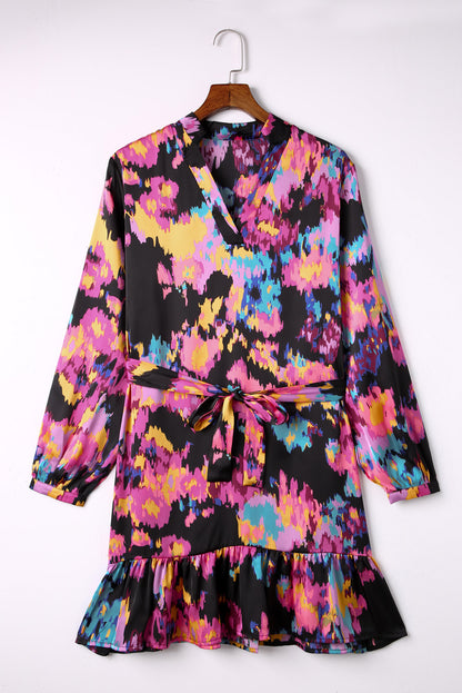 Abstract Print Waist Belted Flounce Hem Split V Neck Long Sleeve Dress