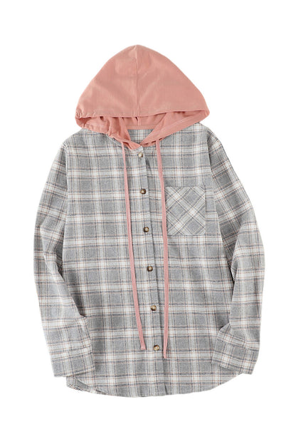 Khaki Drawstring Plaid Hooded Shirt Shacket