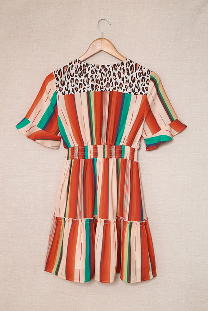 Multicolor Striped and Leopard Print Flounce Hem Short Dress
