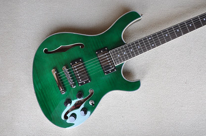 Green Semi-hollow Electric Guitar with Flame Maple Veneer