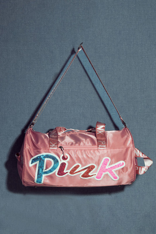 Pink 50*25*25cm Sequin Letter Sporty Luggage Bag