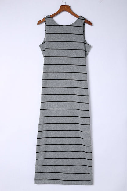 Brown Striped Backless Casual Side Slits Maxi Dress