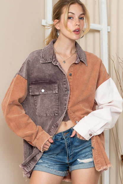 Khaki Color Block Raw Hem Button Up Corduroy Shacket