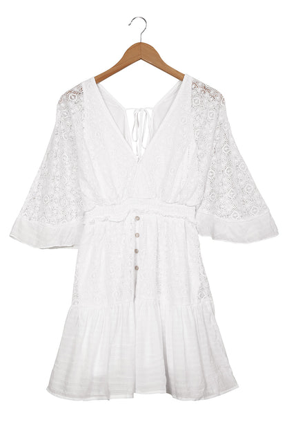 White V Neck Flutter Sleeve Short Crochet Lace Dress