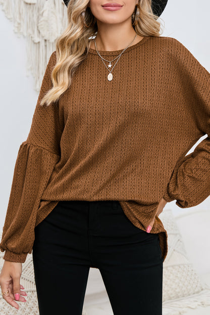 Ruby Solid Color Textured Lantern Sleeve Top